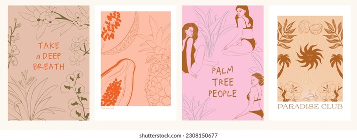Collection of Retro Tropical posters. Summer Poster template with exotic plant, flowers, fruits and woman face and body. Interior posters set. Inspiration posters. Editable vector illustration.