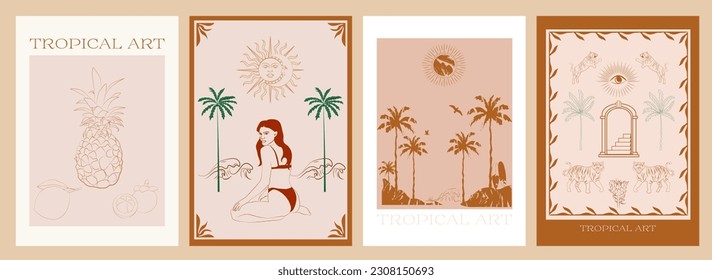 Collection of Retro Tropical posters. Summer Poster template with exotic plant, flowers, fruits and woman face and body. Interior posters set. Inspiration posters. Editable vector illustration.