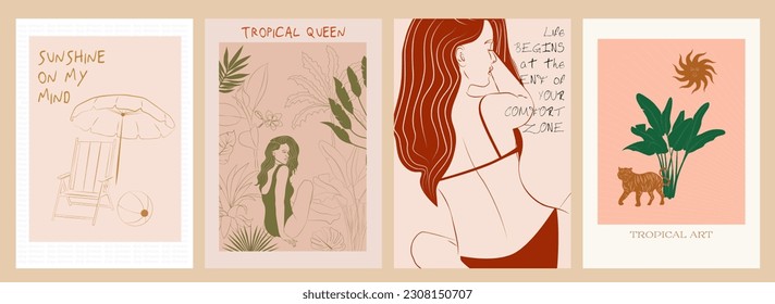 Collection of Retro Tropical posters. Summer Poster template with exotic plant, flowers, fruits and woman face and body. Interior posters set. Inspiration posters. Editable vector illustration.