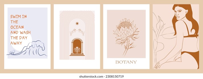 Collection of Retro Tropical posters. Summer Poster template with exotic plant, flowers, fruits and woman face and body. Interior posters set. Inspiration posters. Editable vector illustration.