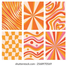 Collection of retro vector backgrounds with simple and fun patterns. Vintage aesthetic, psychedelic textures for cards, posters, covers, banners, or branding.