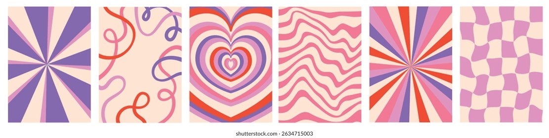 Collection of retro vector backgrounds with simple and fun patterns. Vintage aesthetic, psychedelic textures for cards, posters, covers, banners, or branding.