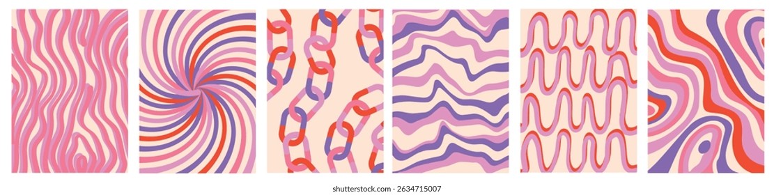 Collection of retro vector backgrounds with simple and fun patterns. Vintage aesthetic, psychedelic textures for cards, posters, covers, banners, or branding.
