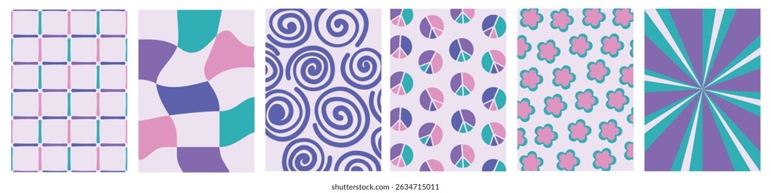 Collection of retro vector backgrounds with simple and fun patterns. Vintage aesthetic, psychedelic textures for cards, posters, covers, banners, or branding.