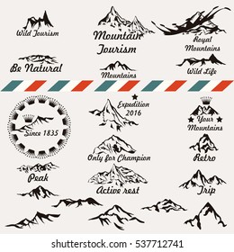 Collection of retro vector mountain silhouettes for logotype and badges design
