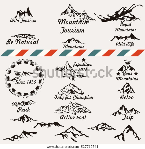 Collection of retro vector mountain silhouettes\
for logotype and badges\
design