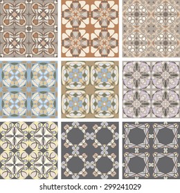 Collection of retro vintage ceramic seamless tile patterns. Pastel sand colors