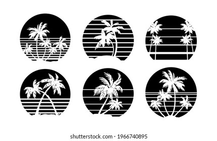 Collection of retro vintage sunsets in 80s-90s style. Black silhouettes of palm trees. Vector design template for logo, badges. Isolated white background.