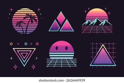 A collection of retro wave illustrations for artwork compositions.
