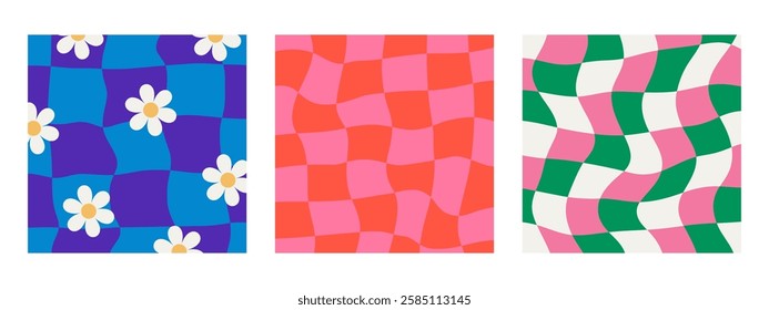 Collection of retro wavy checkerboard patterns, groovy y2k aesthetic. Warped grid effect, dynamic geometric shapes, funky floral hippie texture.