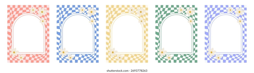 Collection of retro wavy checkered frames with flowers in pastel colors. Modern vintage template for posters, invitations, social media, digital design and prints. Vector illustration