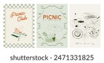 Collection of Retro Weekend Summer Picnic Posters. Outdoor picnic wall art. Food Poster template. Interior posters set. Inspiration posters. Editable vector illustration.