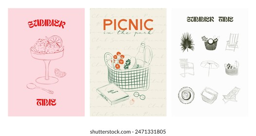 Colección de Carteles de Picnic de Verano de Fin de Semana Retro. Arte de pared de picnic al aire libre. Plantilla de cartel de comida. Afiches interiores. Afiches de Inspiración. Ilustración vectorial editable.