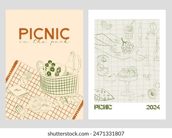 Collection of Retro Weekend Summer Picnic Posters. Outdoor picnic wall art. Food Poster template. Interior posters set. Inspiration posters. Editable vector illustration.