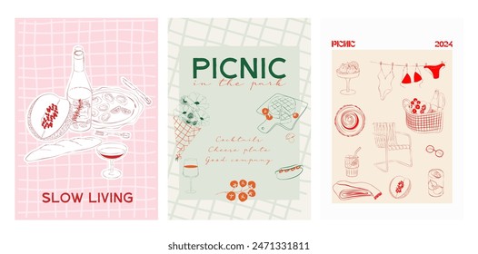 Colección de Carteles de Picnic de Verano de Fin de Semana Retro. Arte de pared de picnic al aire libre. Plantilla de cartel de comida. Afiches interiores. Afiches de Inspiración. Ilustración vectorial editable.