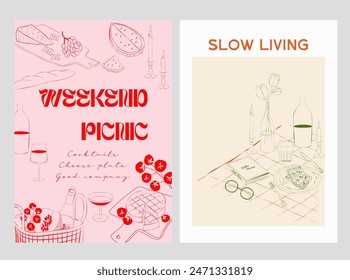 Colección de Carteles de Picnic de Verano de Fin de Semana Retro. Arte de pared de picnic al aire libre. Plantilla de cartel de comida. Afiches interiores. Afiches de Inspiración. Ilustración vectorial editable.