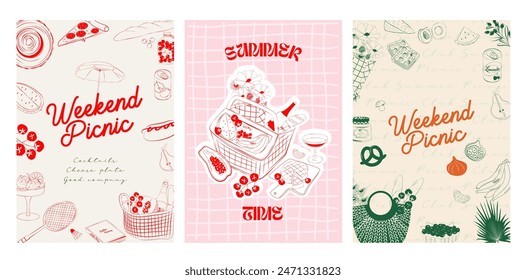 Collection of Retro Weekend Summer Picnic Posters. Outdoor picnic wall art. Food Poster template. Interior posters set. Inspiration posters. Editable vector illustration.