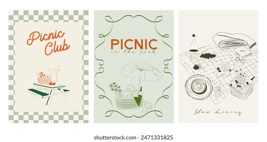 Collection of Retro Weekend Summer Picnic Posters. Outdoor picnic wall art. Food Poster template. Interior posters set. Inspiration posters. Editable vector illustration.