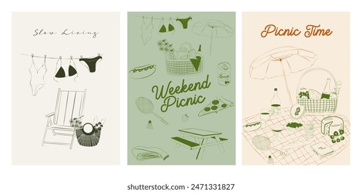 Collection of Retro Weekend Summer Picnic Posters. Outdoor picnic wall art. Food Poster template. Interior posters set. Inspiration posters. Editable vector illustration.