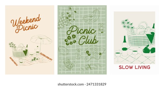 Collection of Retro Weekend Summer Picnic Posters. Outdoor picnic wall art. Food Poster template. Interior posters set. Inspiration posters. Editable vector illustration.