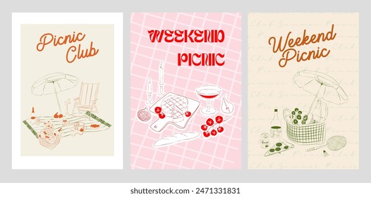 Collection of Retro Weekend Summer Picnic Posters. Outdoor picnic wall art. Food Poster template. Interior posters set. Inspiration posters. Editable vector illustration.