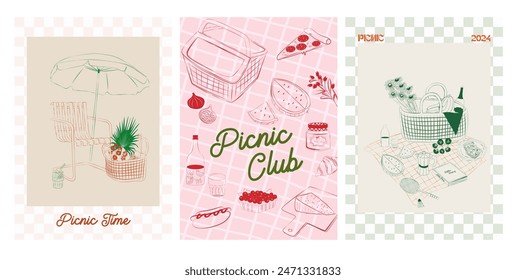 Collection of Retro Weekend Summer Picnic Posters. Outdoor picnic wall art. Food Poster template. Interior posters set. Inspiration posters. Editable vector illustration.