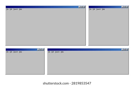 Collection of retro window system frames with classic blue taskbar. Vintage computer graphical user interface design elements. Old operating system desktop mockup for digital interface.