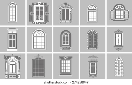 collection of retro windows on gray background