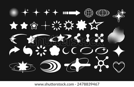 Collection of retro Y2K forms, shapes, 2000s graphic design elements, 00s aesthetic set. Templates for notes, posters, banners, stickers, business cards, logo.