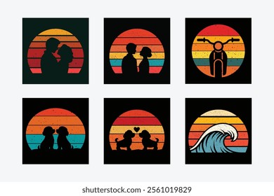  collection of retro-inspired, vintage grunge-style illustrations featuring silhouettes of couples, pets, motorcycles, and waves within vibrant sunset backdrops.