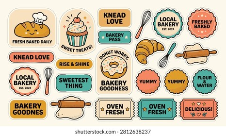 Collection of retro-style bakery stickers and labels featuring illustrated bread, cupcakes, donuts, and baking tools like whisks and rolling pins on a cream background.