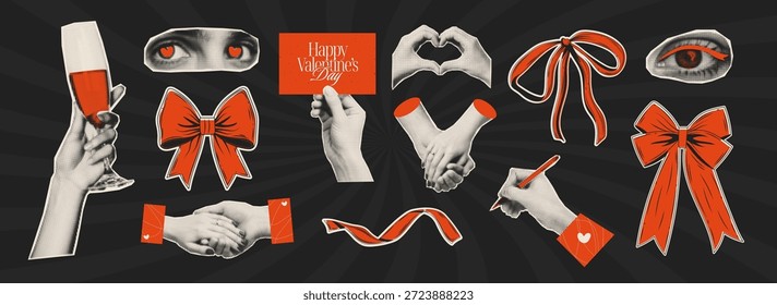 Colección de Elementos de collage de San Valentín de estilo retro: gestos con las manos, cintas, lazos, ojos y tarjetas de amor. La textura semitono y los detalles rojos llamativos evocan un ambiente romántico nostálgico.
