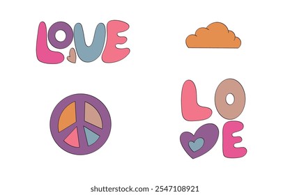 Collection of retro-style 'Love' designs with colorful peace signs, hearts, and clouds. Perfect for 1960s-inspired graphics, stickers, or creative branding projects