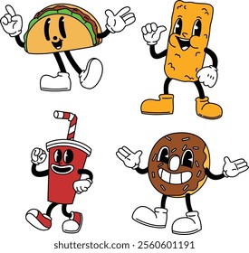 A collection of retro-style mascot characters representing fast food items such as burgers, fries, pizza, and more, perfect for branding and marketing.