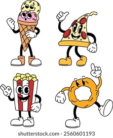 A collection of retro-style mascot characters representing fast food items such as burgers, fries, pizza, and more, perfect for branding and marketing.