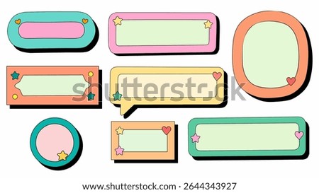 Collection of retro-style pastel text boxes and speech bubbles with cute stars and hearts. Perfect for notes, labels, quotes, journaling, stickers, and social media templates.