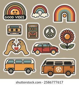 A collection of retro-style sticker illustrations inspired by the 60s and 70s. The images feature vibrant, vintage elements such as peace signs, rainbows, cassette tapes, boomboxes, flowers, lava lamp