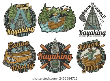 Colección de insignias de kayak de estilo retro con frases motivacionales e imágenes al aire libre. Paquete de pegatinas para acampar. Juego de Naturaleza para estampado de camiseta.