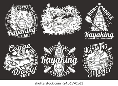 Collection of retro-styled kayaking badges featuring motivational phrases and outdoor imagery. Sticker pack travel for camping. Nature set for t-shirt print.