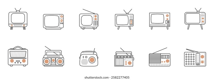 A collection of retro-styled television sets and radios, illustrated in a simple line drawing style.