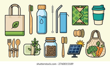 Collection of reusable lifestyle items including a metal water bottle cloth shopping bags and stainless steel straws for plastic-free living.