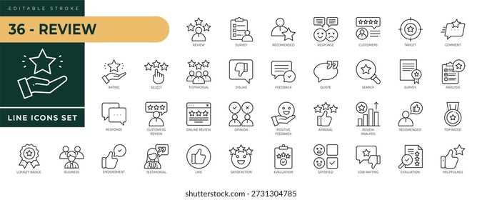 A collection of Review icons set with editable stroke, including survey, recomended, response, customers, target, comment, top rated, aproval, opinion, like, business. Thin linear vector illustration