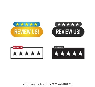 Una colección de Botones de revisión con cinco escalas de calificación de estrellas en estilos redondeados y rectangulares. Perfecto para el Comentarios Cliente y los Sitios web de negocios.