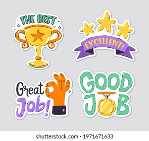 Collection of reward stickers for teachers and kids. Hand drawn vector drawings.