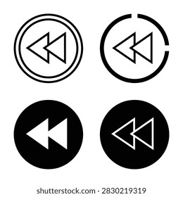 Collection of rewind symbols in different styles. Black and white icons with double arrow for previous track. Media control and audio interface concept for web design.