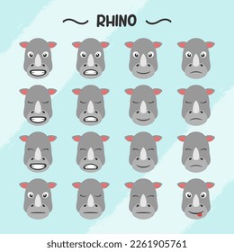 Collection of rhino facial expressions in flat design style