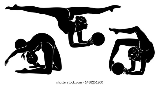 Collection. Rhythmic gymnastics. Silhouette of a girl with a hoop. Beautiful gymnast. The woman is slim and young. Vector illustration set.