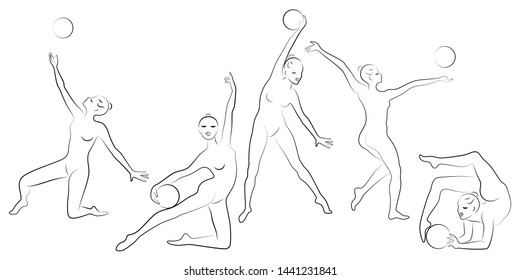 Collection. Rhythmic gymnastics. Silhouette of a girl with a hoop. Beautiful gymnast. The woman is slim and young. Vector illustration.