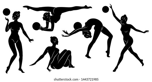 Collection. Rhythmic gymnastics. Silhouette of a girl with a hoop. Beautiful gymnast. The woman is slim and young. Vector illustration.