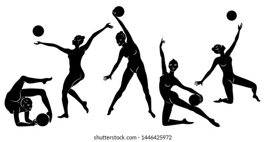 Collection. Rhythmic gymnastics. Silhouette of a girl with a hoop. Beautiful gymnast. The woman is slim and young. Vector illustration.